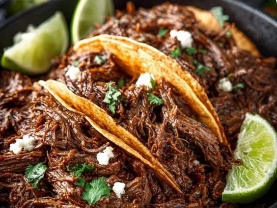 Delicious shredded Mexican beef served in tacos with toppings.