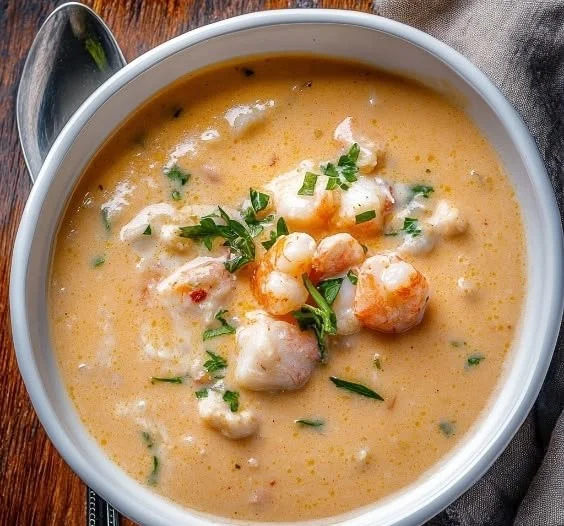 Delicious shrimp and crab seafood bisque served in a bowl.