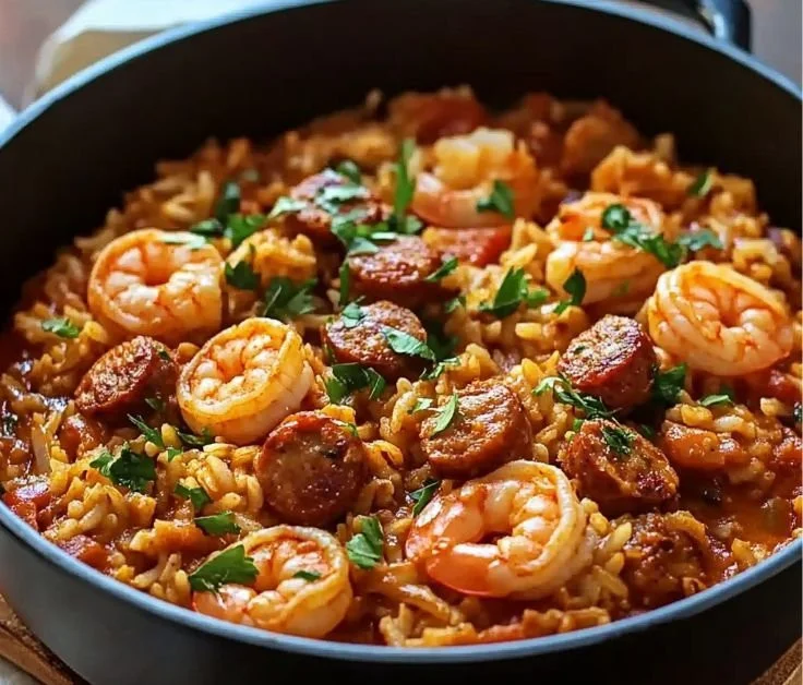 Shrimp and Sausage Jambalaya served in a bowl, showcasing vibrant ingredients.