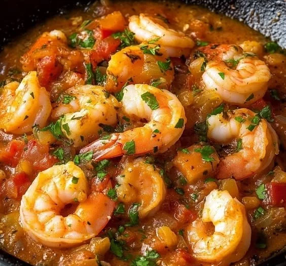 Delicious Shrimp Etouffee served with rice and garnished with green onions.