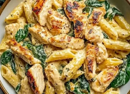 A plate of simple chicken pasta ready in 30 minutes, garnished with herbs.