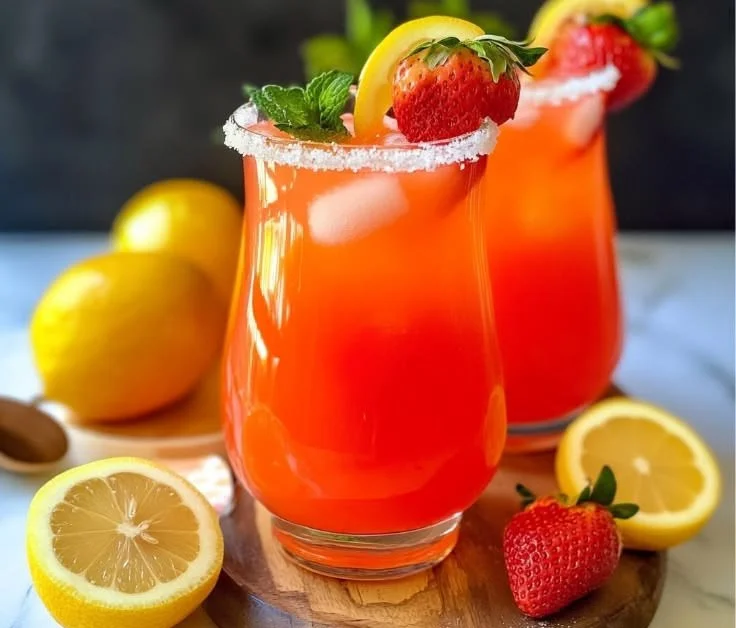 Refreshing homemade strawberry lemonade in a glass with fresh strawberries