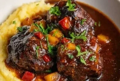 Slow-cooked braised oxtail in rich red wine sauce served with vegetables