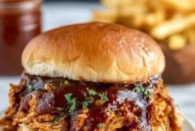 Slow cooker barbecued pulled chicken served in a sandwich with coleslaw.