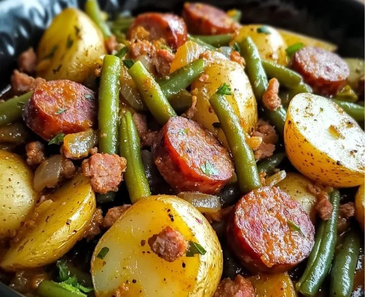 Delicious slow cooker swamp potatoes with sausage and vegetables cooking in a crockpot