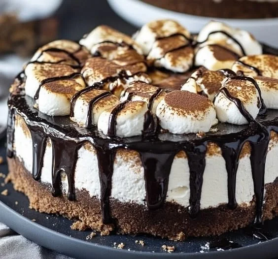 Delicious S'mores Cheesecake topped with chocolate and marshmallows