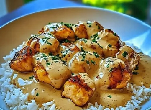 Delicious smothered chicken served over fluffy rice with savory gravy.