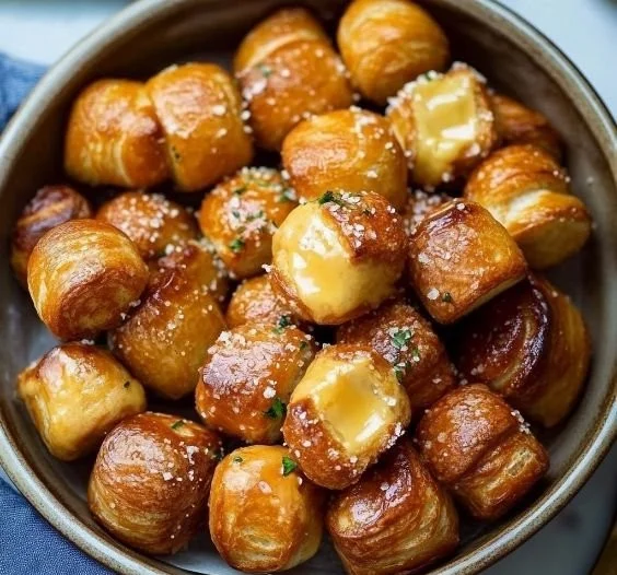 Bowl of soft pretzel bites served with mustard for dipping