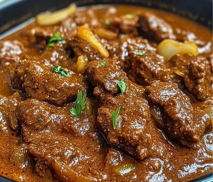 Bowl of South Indian spicy beef curry, garnished with fresh cilantro