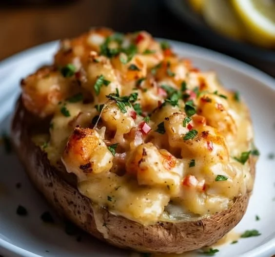 Southern-style seafood stuffed potatoes served on a plate