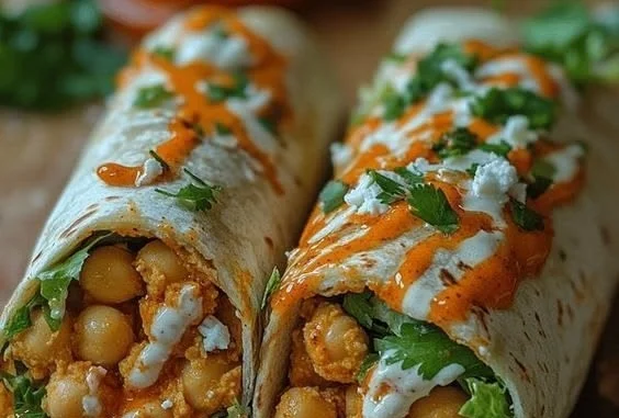 Spicy Buffalo Chickpea wraps filled with crispy vegetables and sauce.
