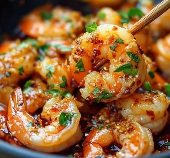 Plate of spicy lemon garlic shrimp garnished with fresh parsley and lemon slices.
