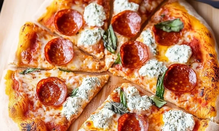 Spicy pepperoni and ricotta pizza recipe with fresh ingredients