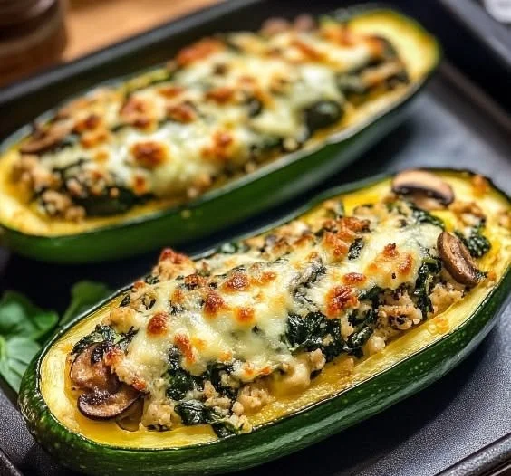 Delicious spinach mushroom ricotta stuffed zucchini boats on a plate