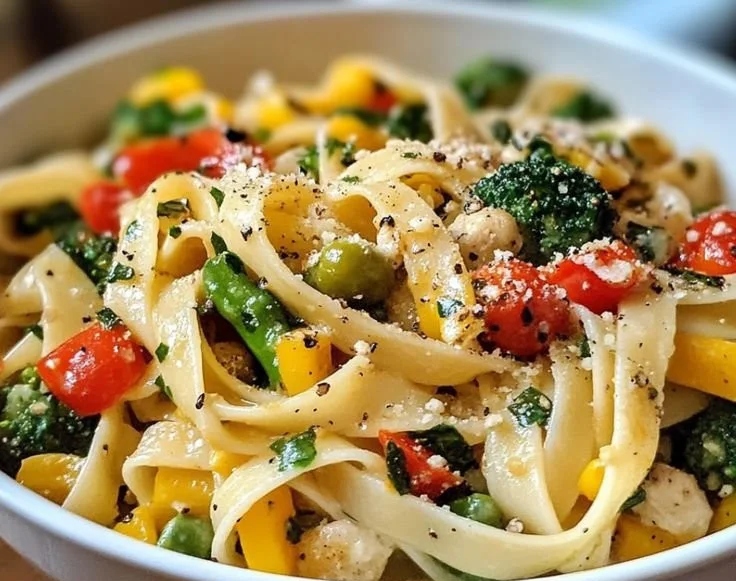 Colorful Spring Pasta Primavera with fresh vegetables and light sauce
