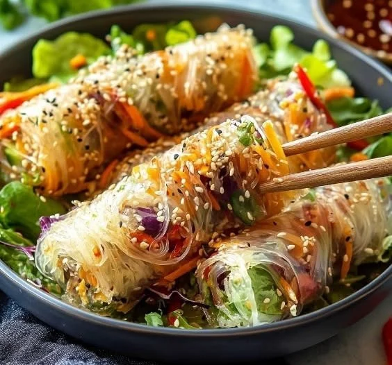 Freshly prepared Spring Roll Salad with colorful vegetables and herbs