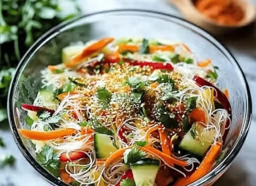 Fresh Spring Roll Salad with Spicy Ginger Dressing served in a vibrant bowl