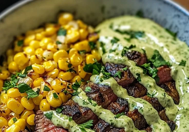 Steak Bowl with avocado, roasted corn, and cilantro cream sauce