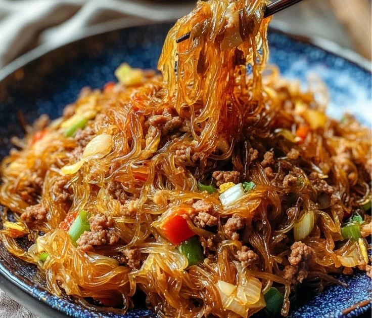 Delicious Stir-Fried Vermicelli with tender beef and colorful vegetables.