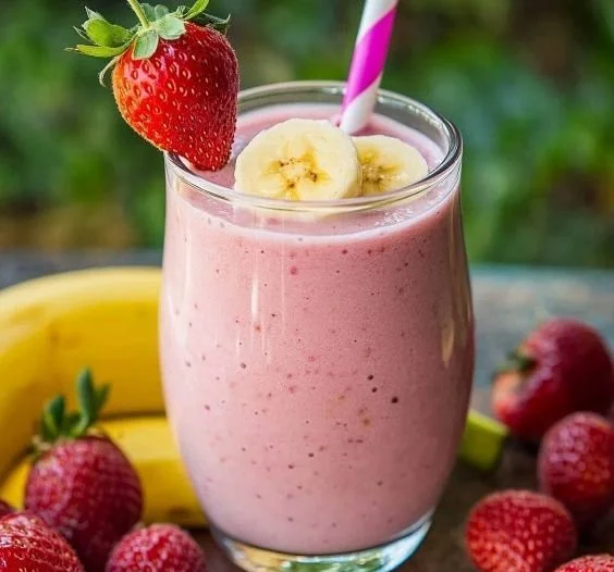 Delicious strawberry banana smoothie in a glass with fresh strawberries and bananas.