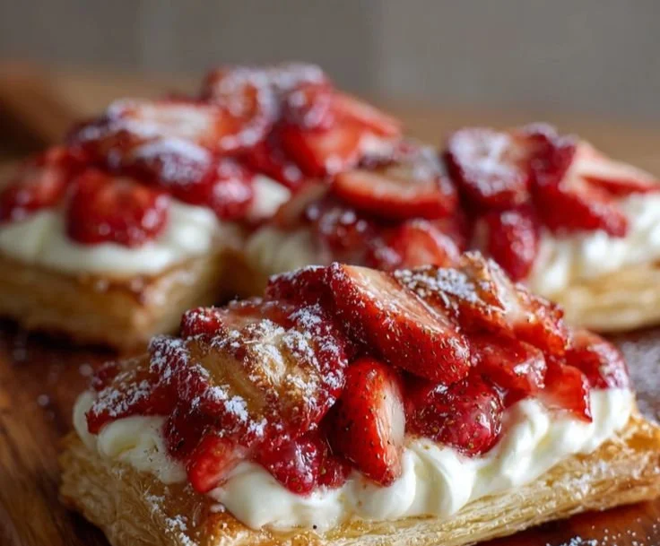 Strawberry Cheesecake in Puff Pastry beautifully plated and garnished with fresh strawberries.