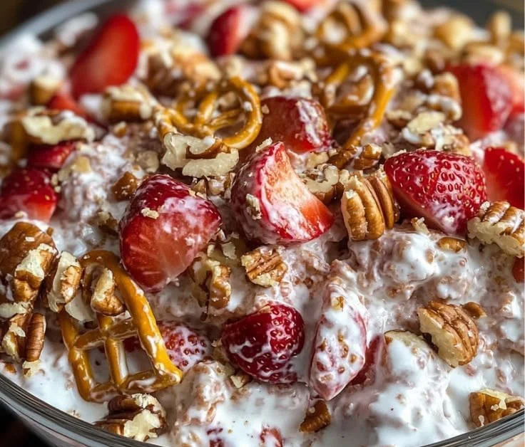 Bowl of delicious Strawberry Crack Salad with fresh strawberries and nuts