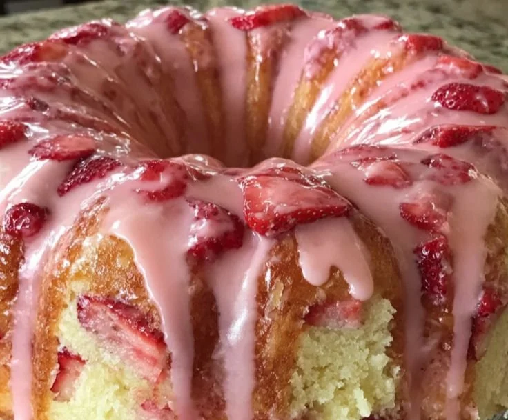 Slice of moist Strawberry Cream Cheese Pound Cake on a plate