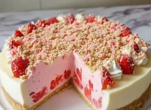 Delicious Strawberry Crunch Cheesecake topped with fresh strawberries and crunch.