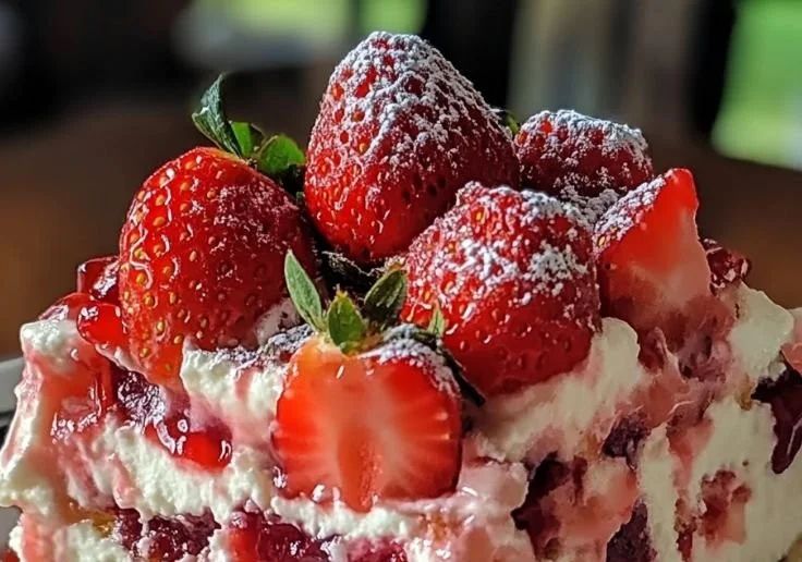 Slice of Strawberry Earthquake Cake with cream cheese and chocolate drizzle
