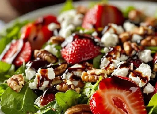 Delicious strawberry feta salad served in a bowl with fresh greens and walnuts