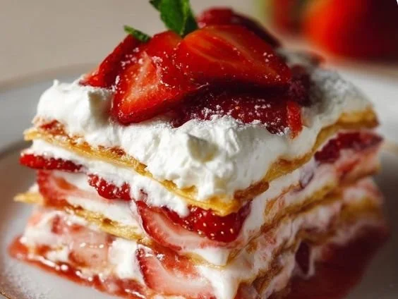 Delicious strawberry lasagna served in a dish with fresh strawberries on top