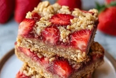 Homemade strawberry oatmeal bars on a wooden table ready to eat.