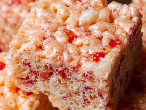Delicious Strawberry Rice Krispie Treats topped with vibrant strawberries