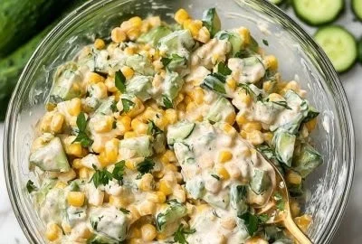 Delicious street corn served with creamy cucumber salad on a plate