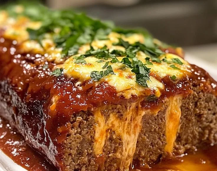Delicious stuffed meatloaf filled with mozzarella cheese, ready to serve.