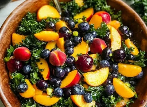 Summer Peach Blueberry Kale Salad with fresh ingredients in a bowl