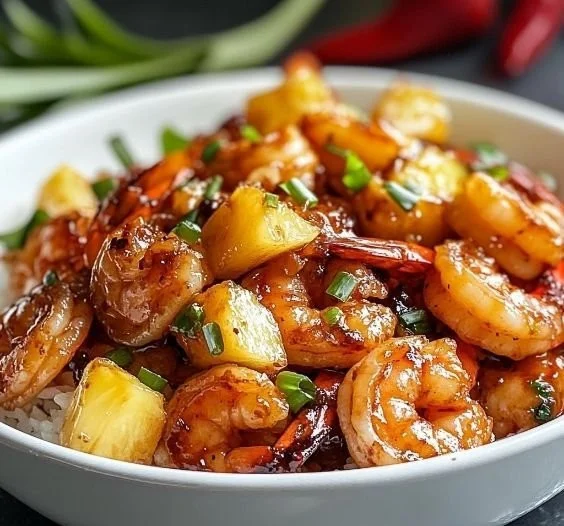 Delicious Sweet Chili Pineapple Shrimp served on a plate with fresh ingredients.