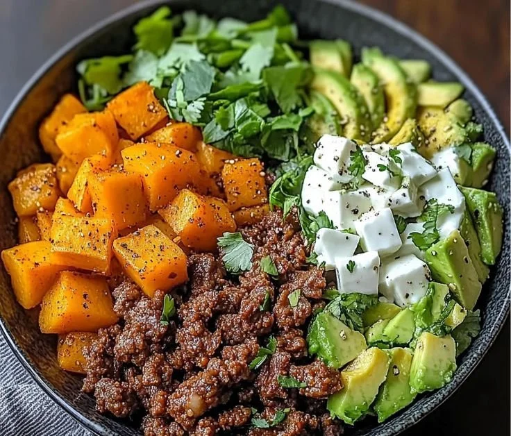 Sweet Potato Beef Avocado Protein Bowl with vibrant ingredients in a bowl