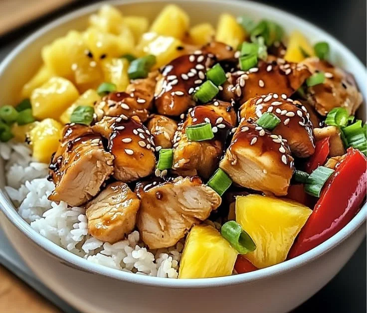Teriyaki chicken and pineapple bowls garnished with fresh herbs