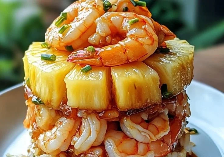 Teriyaki shrimp served over pineapple rice stack garnished with greens.