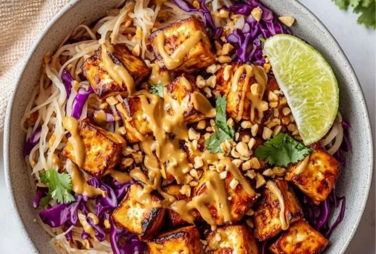 Thai-influenced tofu bowl with colorful vegetables and rice