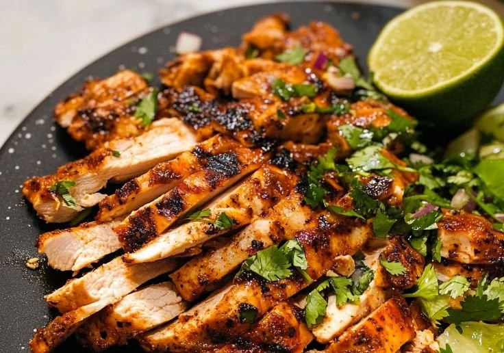 Marinated chicken tacos with fresh toppings and spices