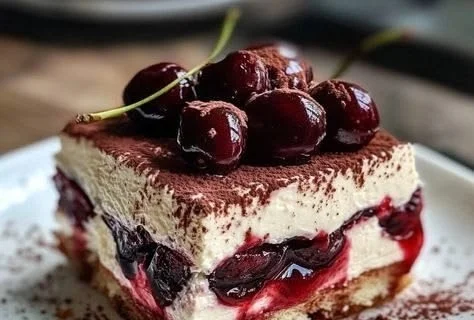 Delicious tiramisu with cherry amaretto, showcasing rich layers and flavors.