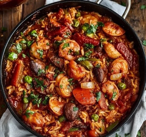 Plate of traditional jambalaya with rice, shrimp, sausage, and vegetables