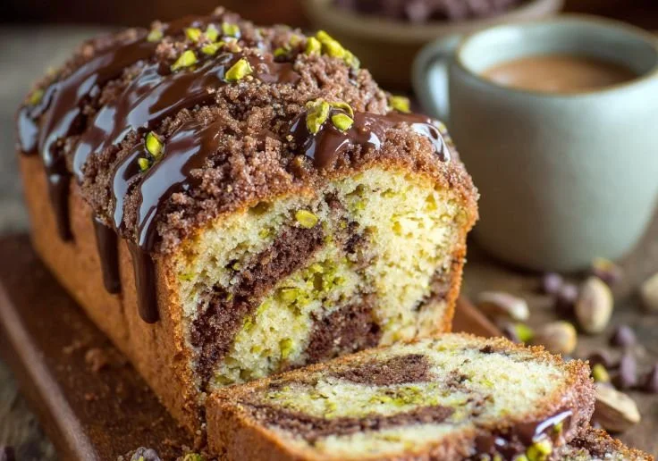 Loaf of triple chocolate pistachio bread with chocolate chunks on a wooden cutting board.