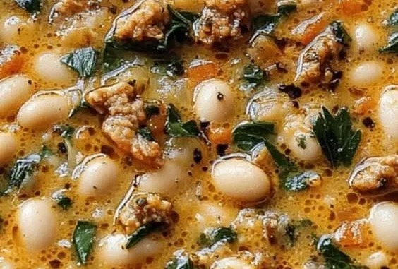 Bowl of Tuscan white bean soup garnished with herbs and bread on the side