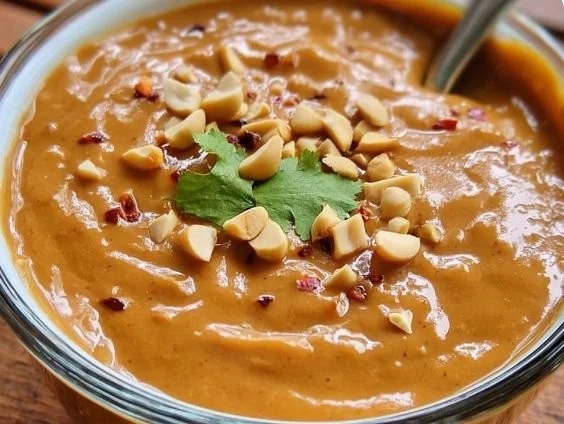 Bowl of ultimate Thai Peanut Sauce garnished with chopped nuts and herbs