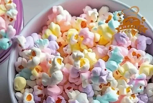 Colorful unicorn-themed marshmallow popcorn in a bowl
