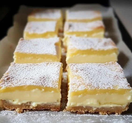 Vanilla custard cream squares topped with a sprinkle of powdered sugar