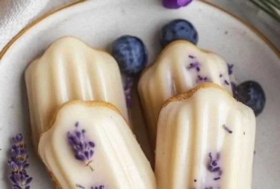 Vegan blueberry lavender madeleines on a plate, garnished with lavender flowers.